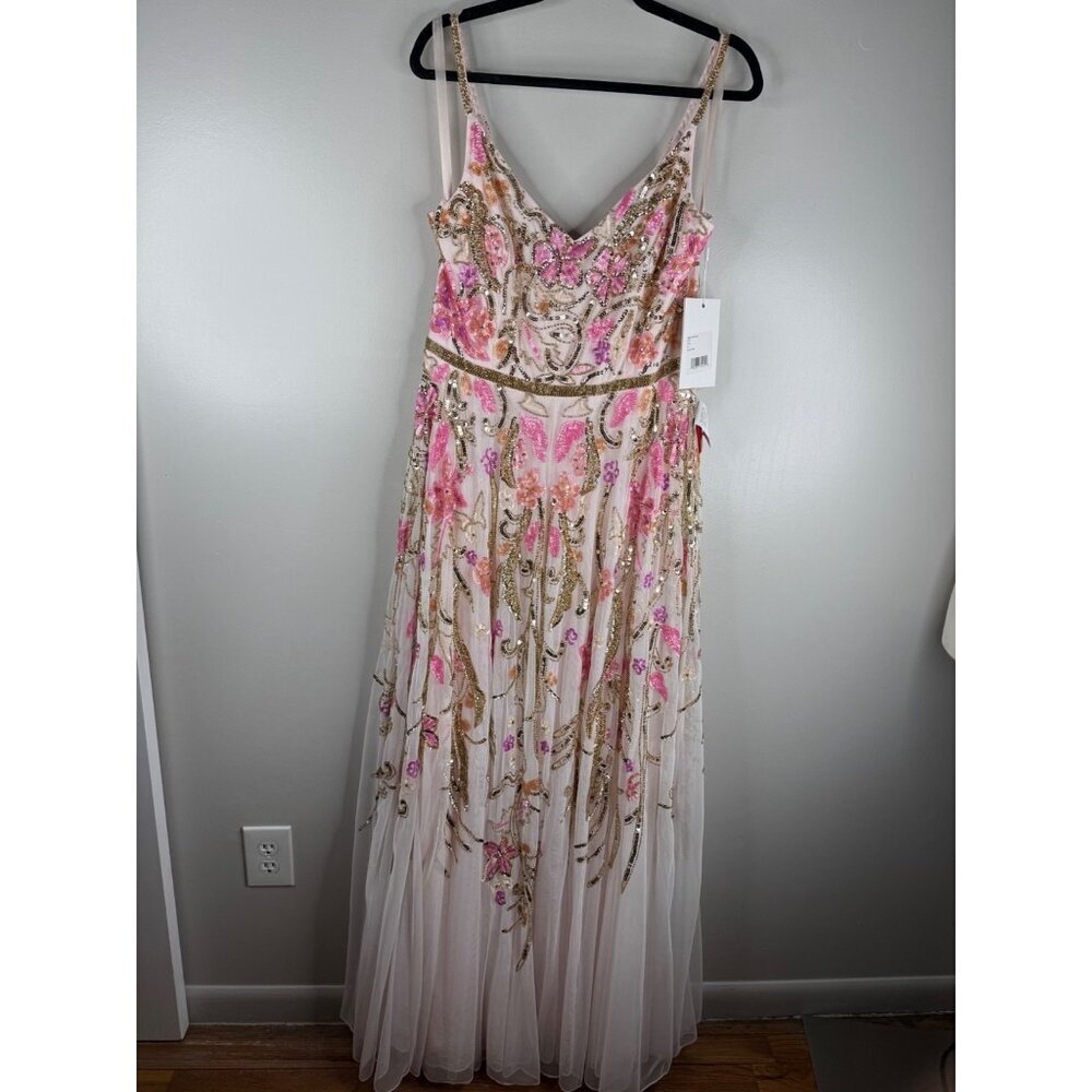 Mac Duggal 5671 V Neck Floral Embellished Evening Gown Maxi US 16 NWT Oyster - Picture 5 of 8